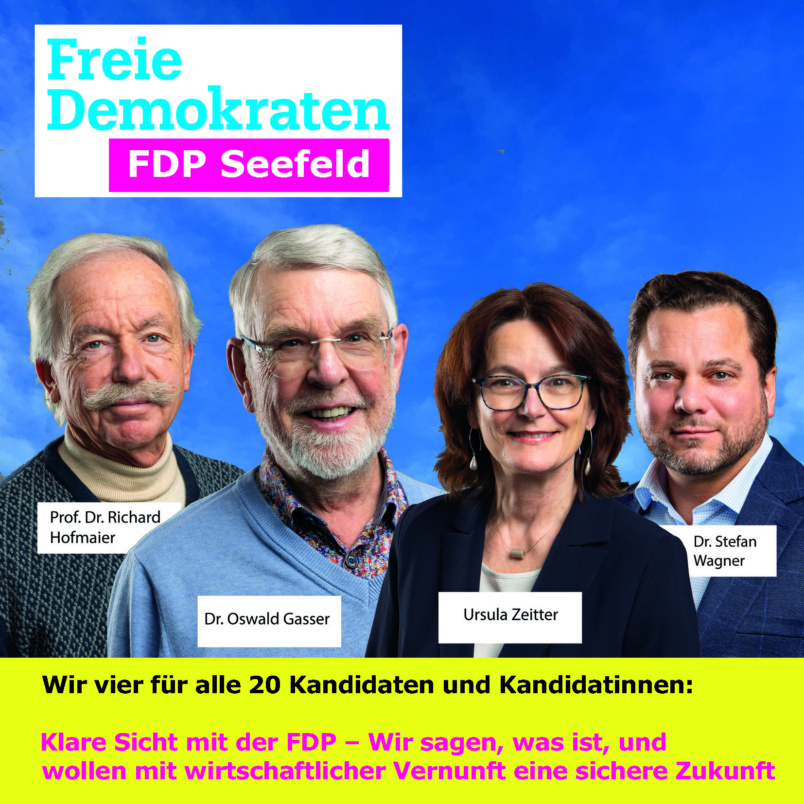 Wahlplakat: Vier Kandidaten und Kandidatinnen für alle 20